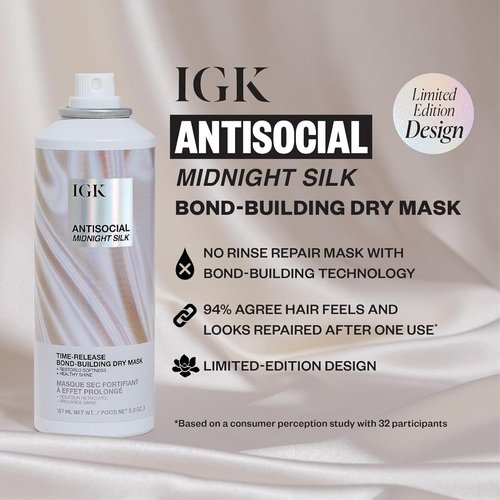 IGK Antisocial Dry Hair Mask - Leave-In Overnight Bond-Building Treatment for Dry Hair & Extensions | Hydrates & Repairs | 5oz (Pack of 2)