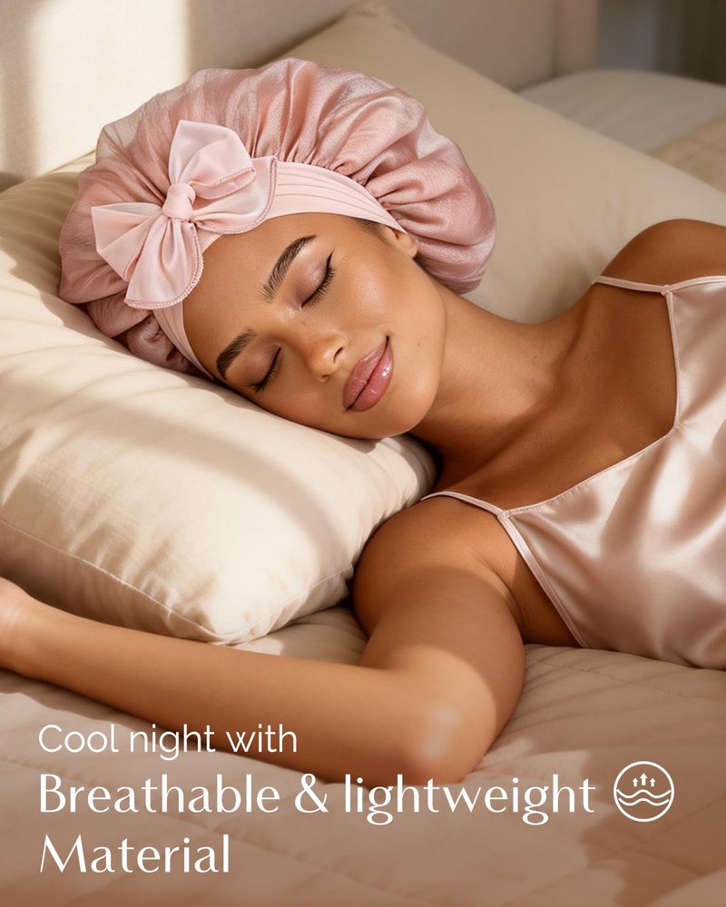 YANIBEST Breathable Soft Silk Bonnet for Sleeping, Breeze Satin Bonnet with Tie Band Hair Wrap Less Frizz Natural Curly Hair, Pink