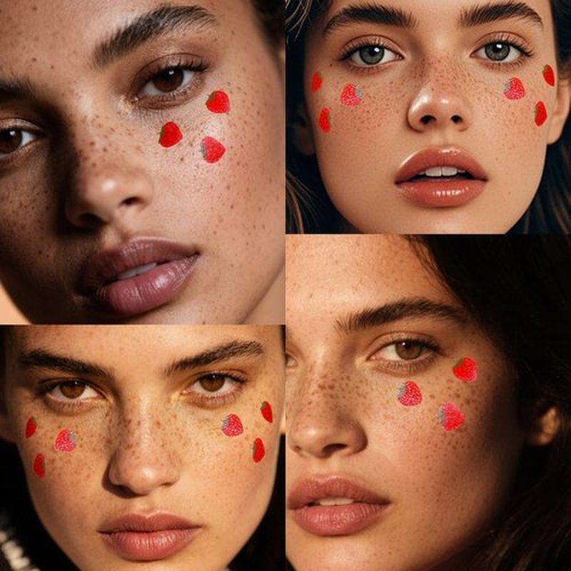 Boko 6Pcs Red Strawberry Speckles Temporary Tattoos, Waterproof and Long Lasting Makeup Patches, Face Strawberry Freckles for Festival Concert Summer Beach Pool Themed Party Beauty Face Makeup