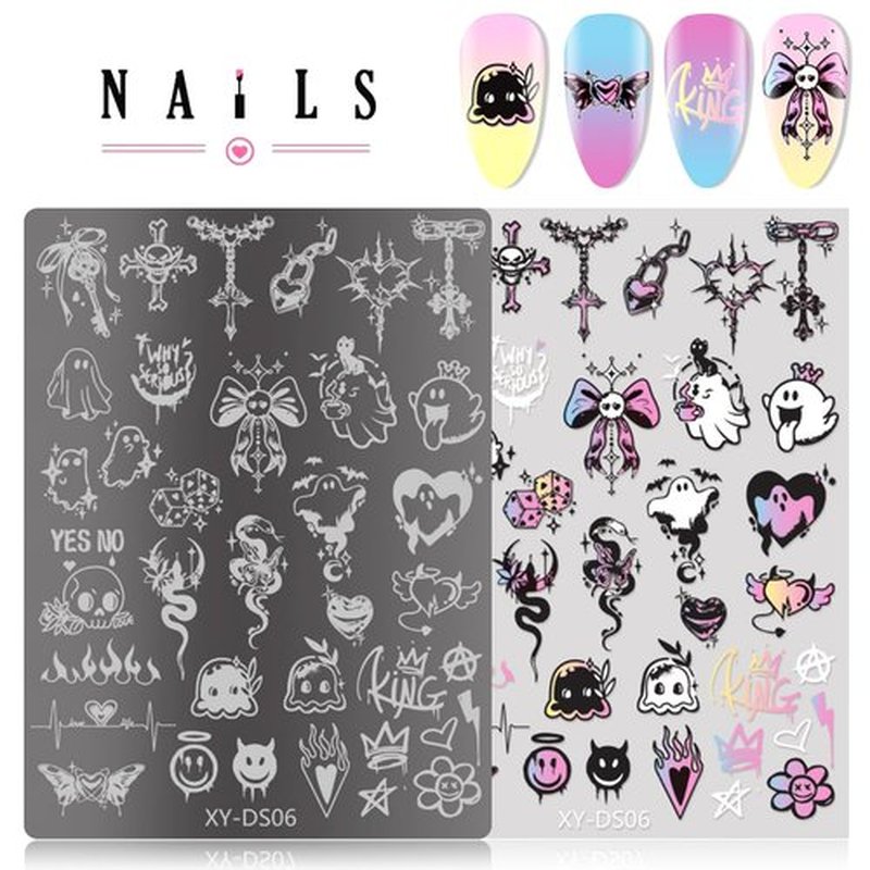 4Pcs Gothic Cute Nail Stamping Plate Set - Dark Kawaii Nail Art Templates, Stainless Steel Spooky Sweet Nail Stamp Plates with Skull & Lace Patterns for DIY Print Manicure Salon Design Gift Supplies