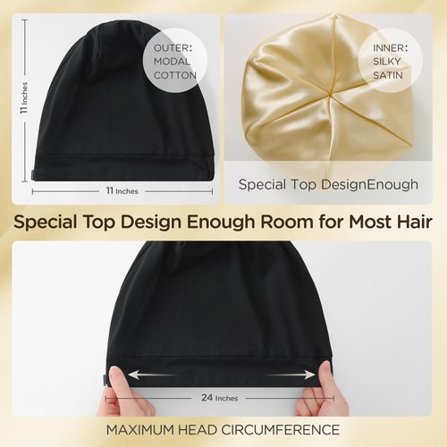 2Pcs Silk Satin Lined Bonnet for Sleeping Adjustable Slouchy Beanie Hat Night Sleep Cap for Women Men Hair Wrap for Curly Natural