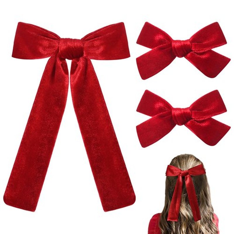 DEEKA Red Velvet Hair Bows 2 Sizes Long and Basic 4” Hair Bow Set for Toddler Girls Long Ponytail Knot Bows Alligator Clip Hair Accessories for Little Girls (Red)