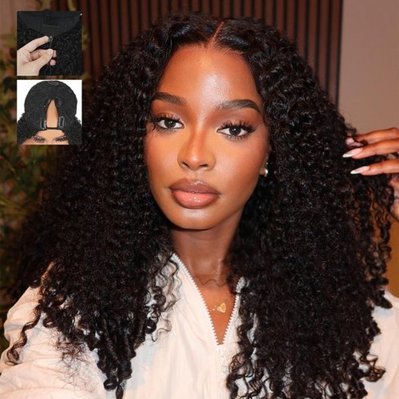 Abijale Burmese Curly V Part Wigs Human Hair 200% Density Upgrade U Part Wigs with Drawstring No Leave Out Glueless Clip in Half Wigs Curly Human Hair Wig for Black Women #1B Natural Black 16Inch