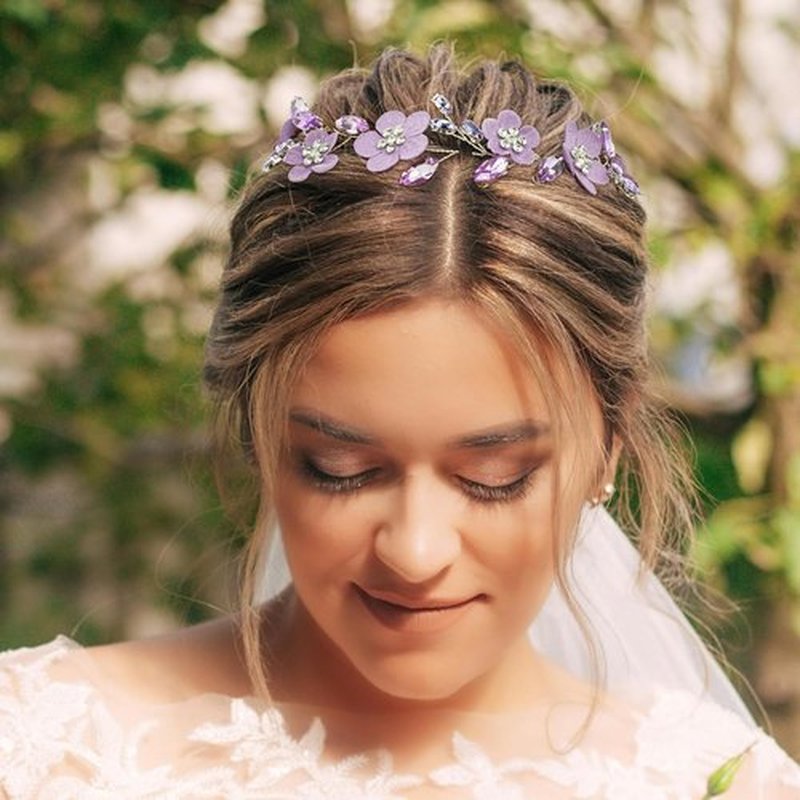 PrettyLife Bridal Purple Flower Headpiece Wedding Party Rhinestone Floral Silver Vine Hair Pieces Accessories for Women Girls