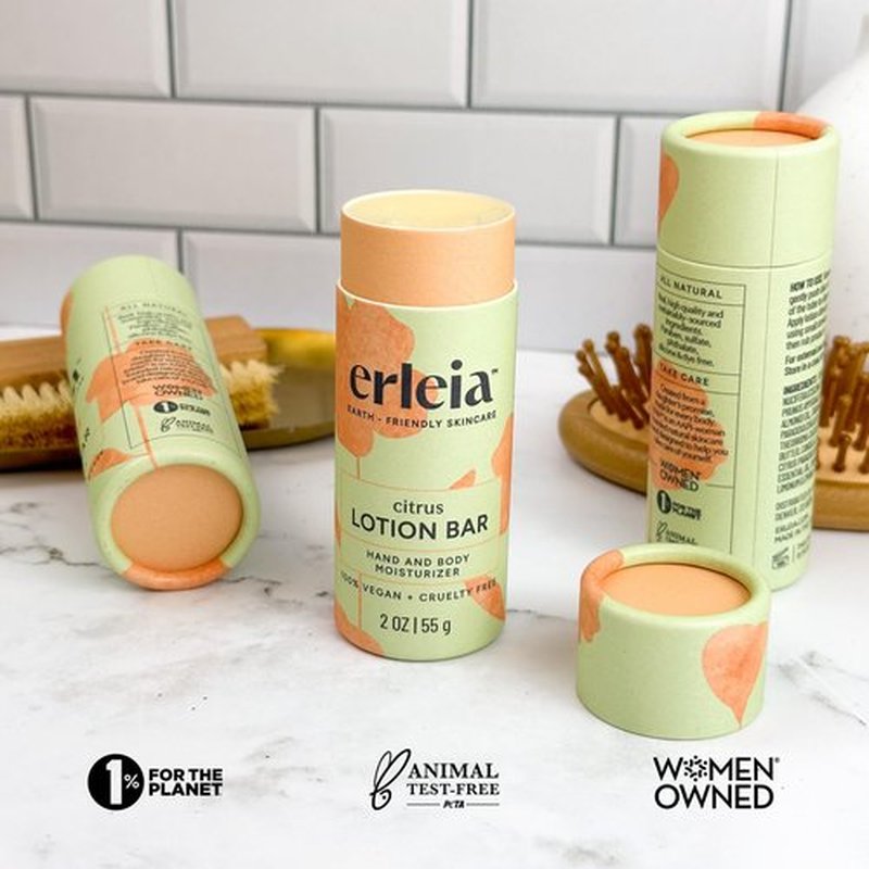 Erleia Travel-Friendly Lotion Bar, Vegan Cruelty-Free Plastic-Free, Sustainably Sourced Ingredients, Solid Moisturizer for On-the-Go Skincare, Citrus