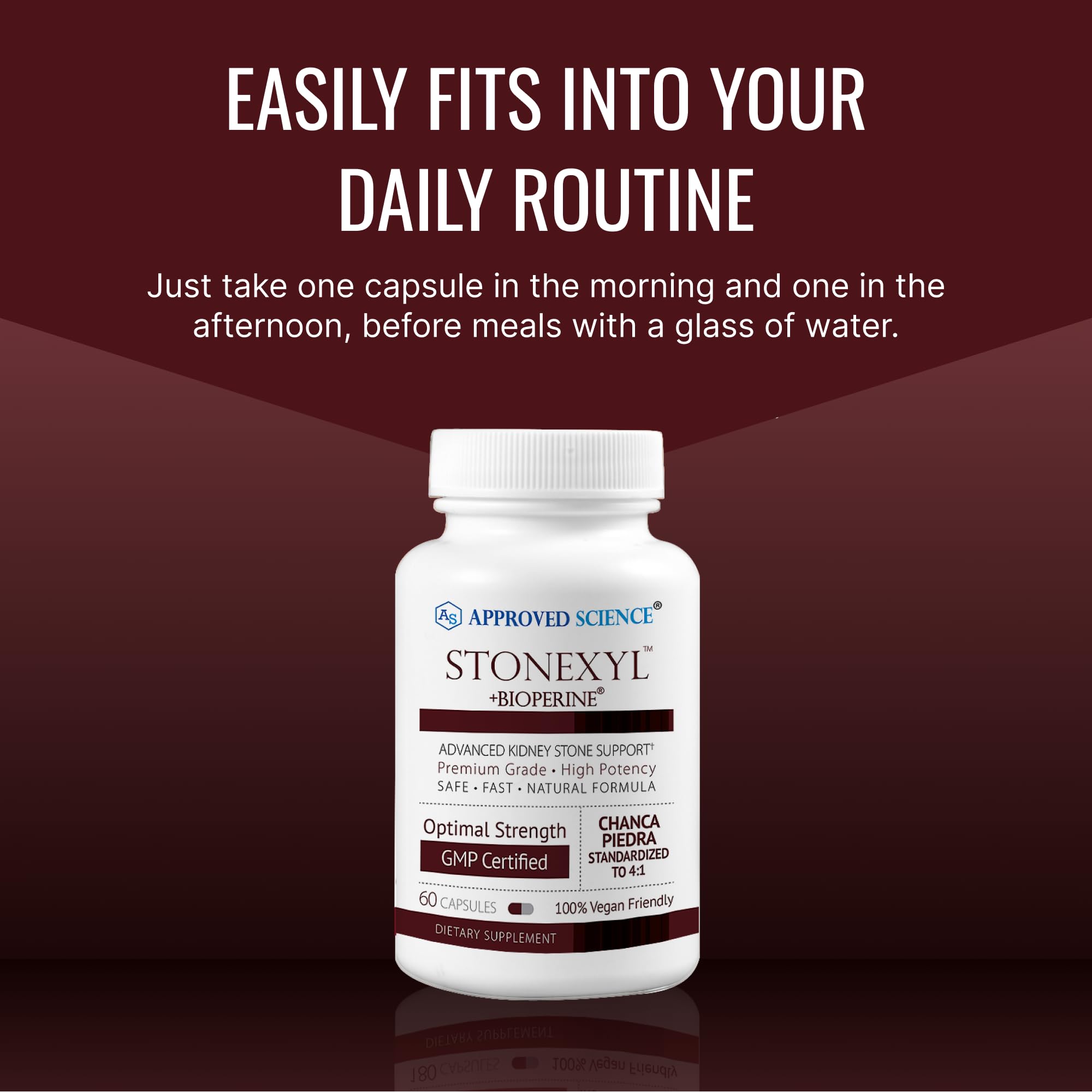 Approved Science Stonexyl - Herbal Support for Kidney Stones - 60 Capsules - Chanca Piedra - High Absorption -1 Month Supply - Vegan