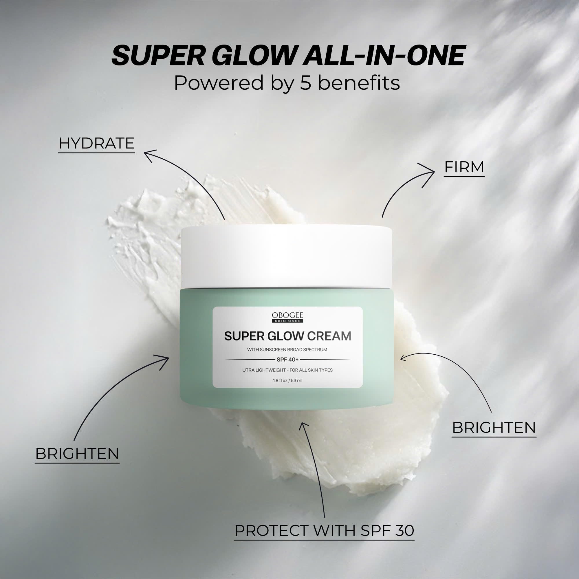 OBOGEE Super Glow Cream with Sunscreen SPF 40+, Lightweight Face Moisturizer with Sun Protection, 5-in-1 Skin Care Benefits 1.8 oz