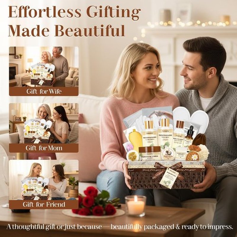 Jorceray 22PCS Spa Gift Baskets for Women, Luxury Bath and Body Gift Basket Set for Women Coconut Vanilla Spa Kit Relaxing Spa Self Care Gift for Her Wife Lover Mom Sister Friend