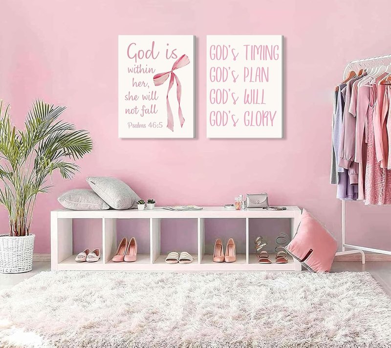 Coquette Pink Bow Canvas Wall Art - Inspirational Bible Verse Prints for Girls' Room | 12"x16" Framed Decor