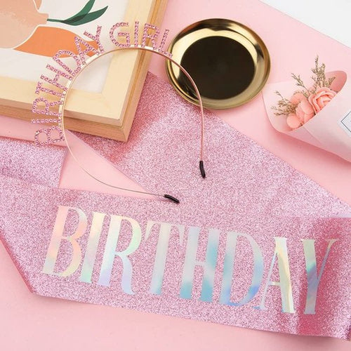 2Pcs Birthday Sash,Birthday Sash for Women Pink Birthday Girl Sash Glitter Birthday Sash and Tiara for Women Birthday Crowns for Women Happy Birthday Decorations Accessories Birthday Girl Headband