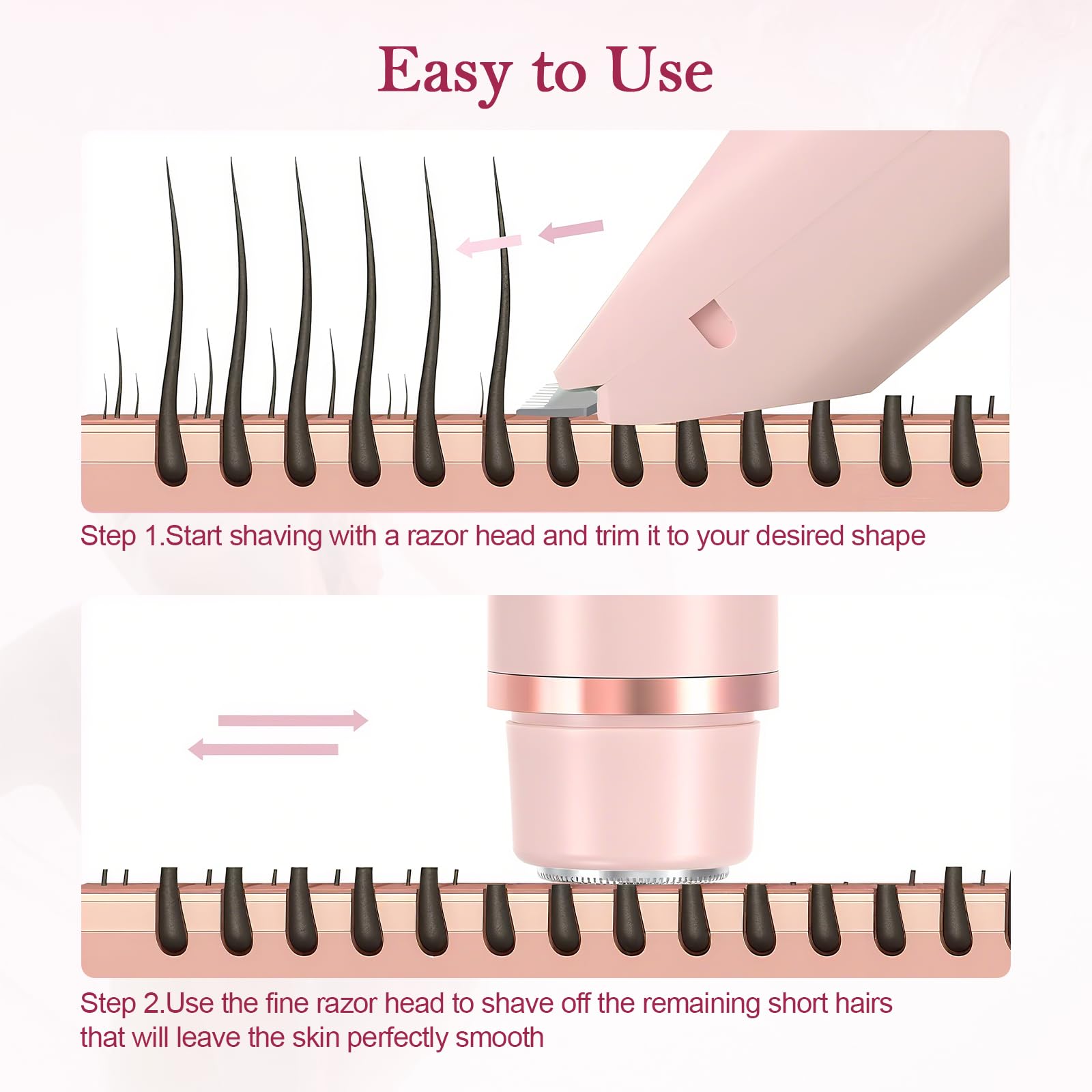 GlossLuxe Bikini Trimmer for Women, 2-in-1 Dual Head Shaver Women, IPX7 Waterproof Gentle Electric Razors for Sensitive Areas, Cordless Hair Removal for Shower & Travel, Holiday Gift (Pink)