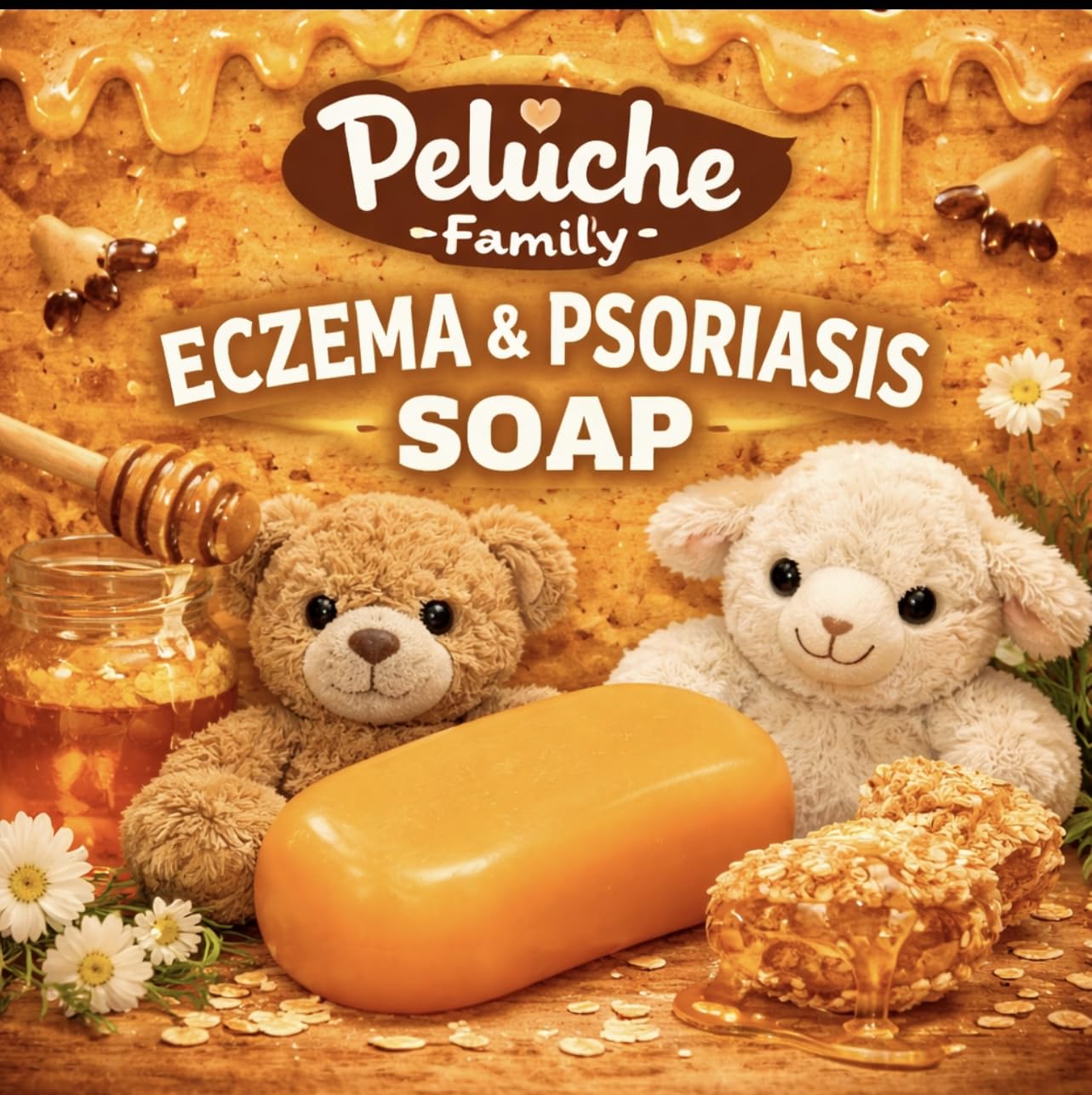 Peluche Family Natural Oatmeal & Honey Soap Bar for Kids and Adults-Eczema, All Natural Dermatitis, Psoriasis Treatment for Dry Itchy Sensitive Skin Relief, Anti-Itch.