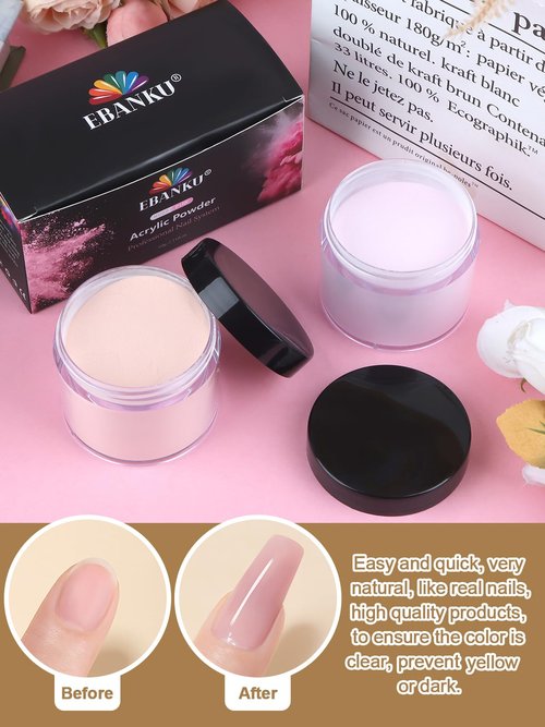 EBANKU Nude Pink Acrylic Powder, 2 * 60g/2.1oz Acrylic Powder Large Capacity Professional Acrylic Nail Powder for Nail Acrylic Extension, Nail Carving, Long-Lasting, No Nail Lamp Needed