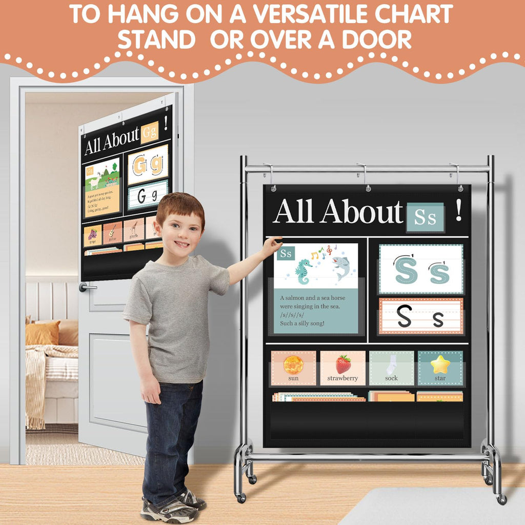 BOHEMIABY All About Letters Pocket Chart with ABC Flash Cards, 34" X 27", Letter of The Day/Week Daypocket Chart, Letter Tracing Learning Educational Wall Chart Preschool Classroom Homes, Black