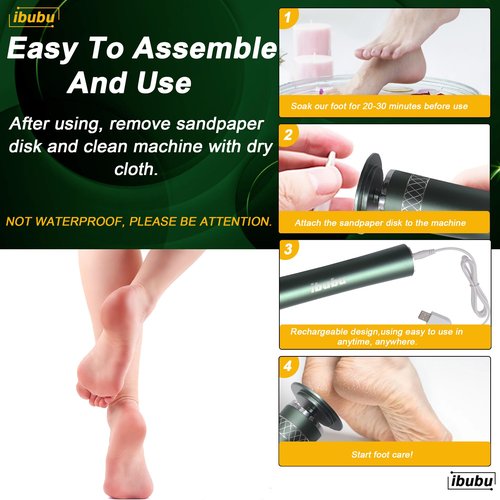 ibubu Electric Foot File Callus Remover Rechargeable Wireless Foot Sanders for Feet Professional Pedicure Tool with 60pcs Sandpaper Pad Discs for Dead Skin and Calluses Blackish Green