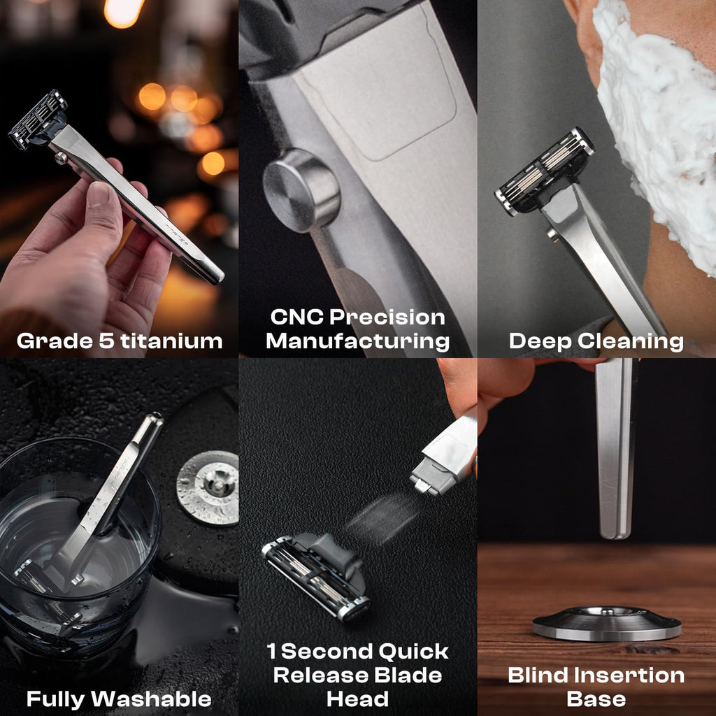 TITANER Lifetime Razor-Change the Blade in 1s GR5 Titanium Rust and Water Resistant,Comfortable to hold Water Washing Cleaning with Mach3 Blade Replacement Pack for Men's Everyday Shaving (Grey)