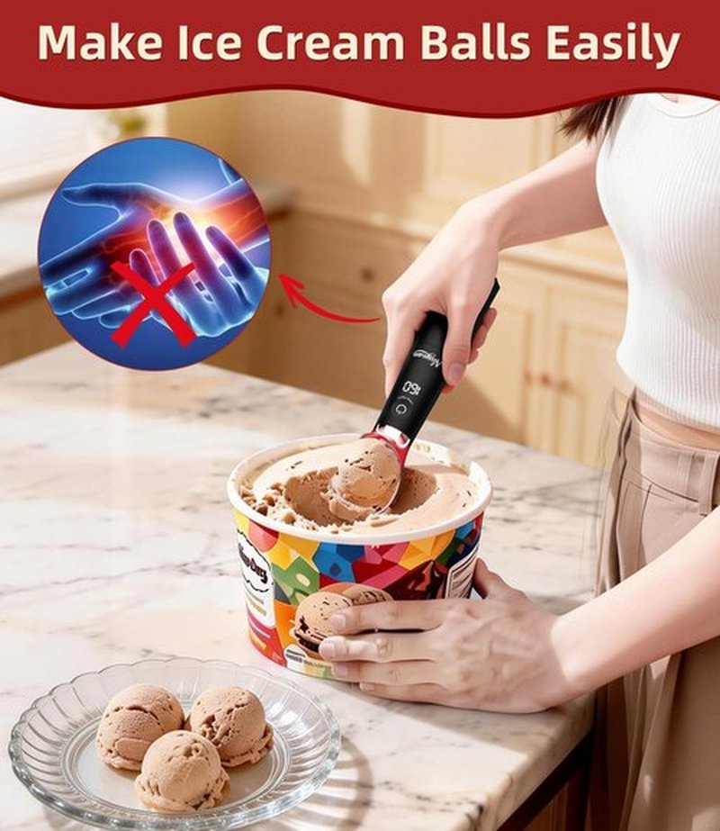 Skiennix Heated Ice Cream Scoop - Rechargeable Electric Scooper with Removable Battery & Drip-Proof Stand | IP68 Waterproof, Food-Grade Metal