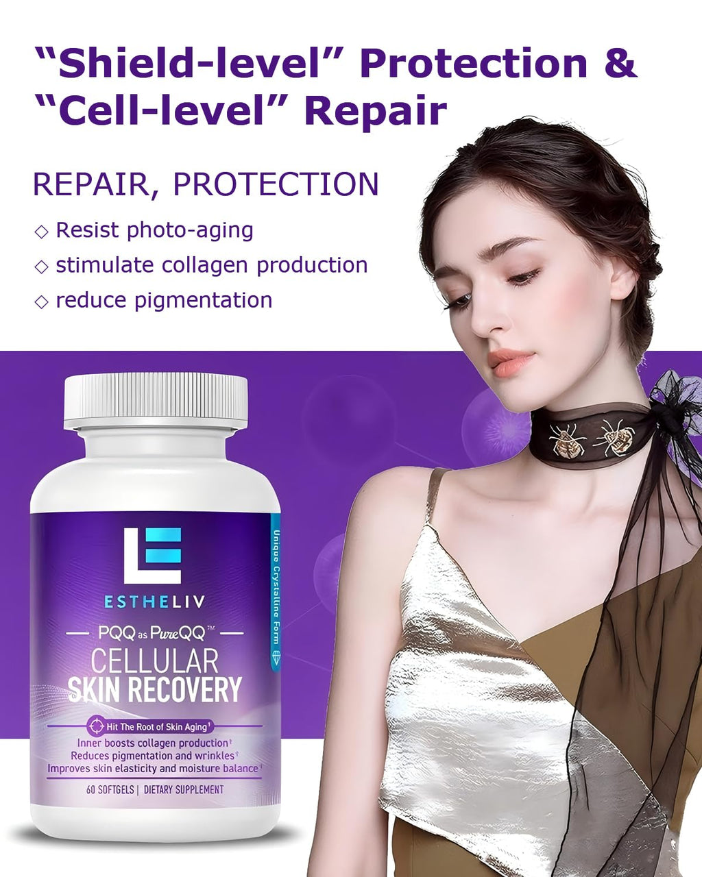 ESTHELIV Cellular Skin Recovery Supplement Hit The Root of Skin Aging PQQ Reduces Pigmentation and Wrinkles Improves Skin's Elasticity and Moisture Balance