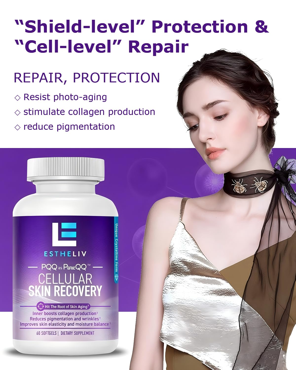 ESTHELIV Cellular Skin Recovery Supplement Hit The Root of Skin Aging PQQ Reduces Pigmentation and Wrinkles Improves Skin's Elasticity and Moisture Balance