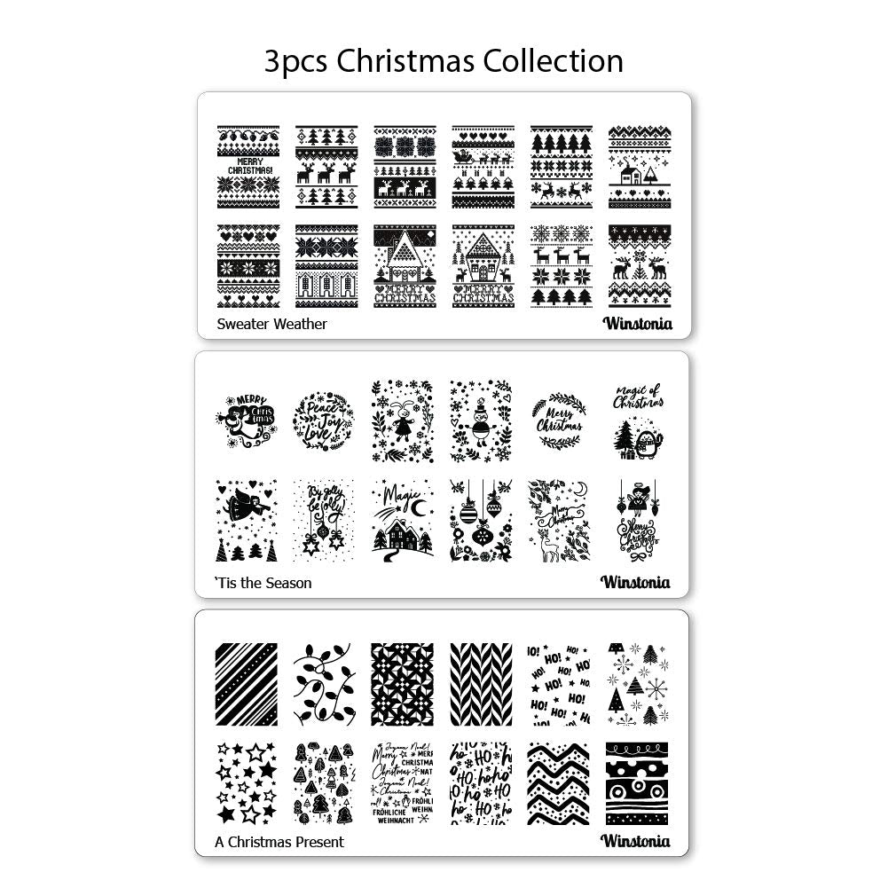 Winstonia 3pcs Christmas Nail Stamping Plates Festive Winter Image Set Bundle for Easy Ugly Sweater Nail Art Manicure