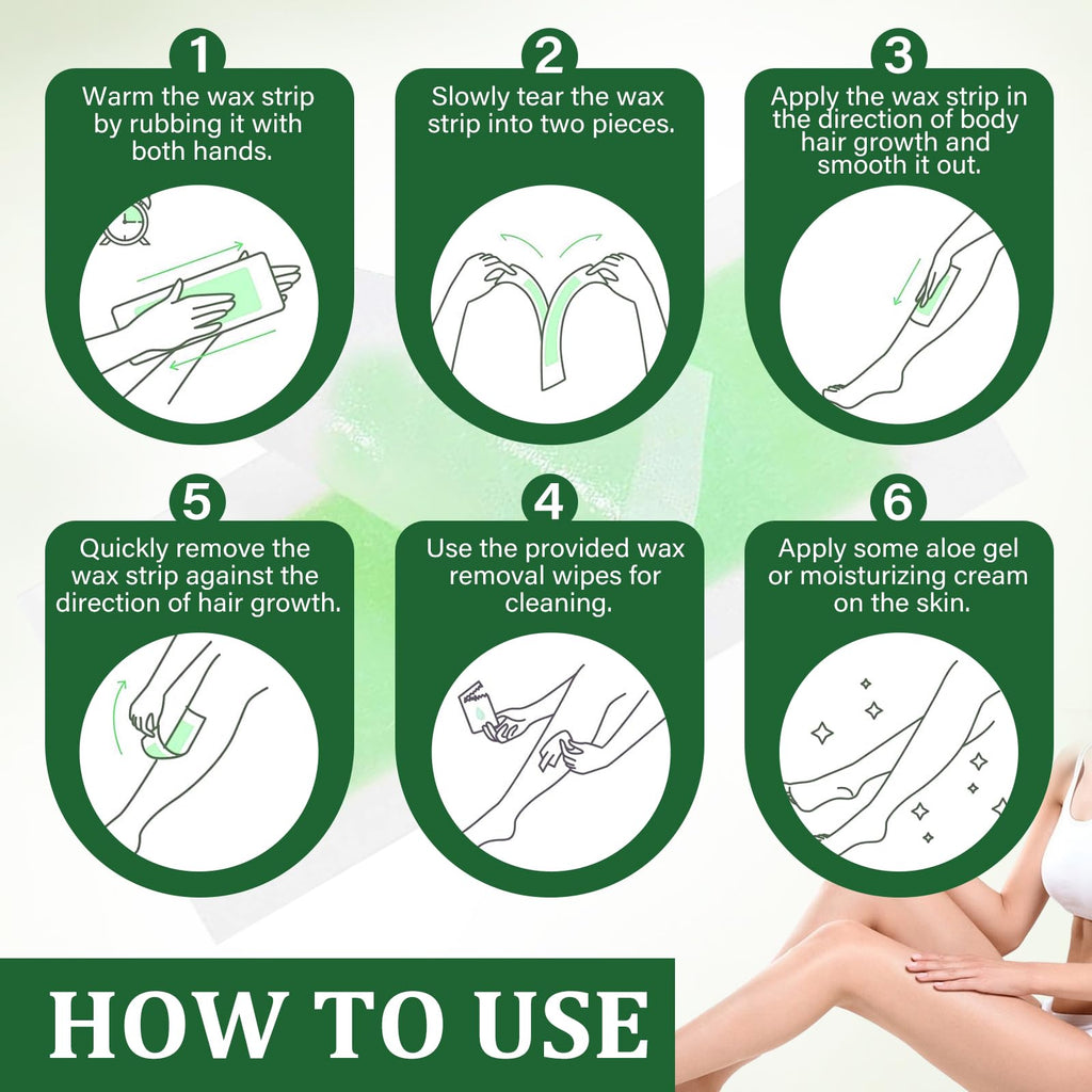 Wax Strips For Hair Removal, Waxing Kit For Women, Wax strins Hvpoalleraenic Facial Hair Removal for WomenAnd Men, Waxing Hair Removeal Kit with 80 PCS +4Calming Oil Wipes(Green, Pack of 80)