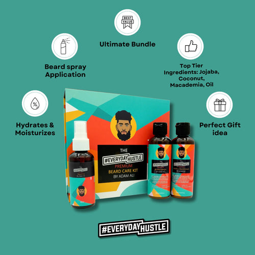 #EverydayHustle Premium Beard Care Kit for Men - With Shampoo, Conditioner & Spray Beard Oil - The Ultimate Beard Kit for Beard Moisture, Softening, Detangling, Grooming - 3-in-1 Pack