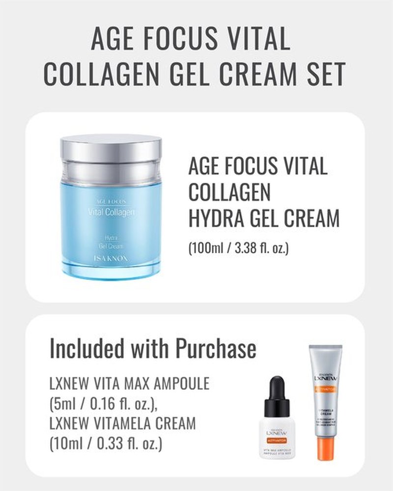 ISA KNOX AGE FOCUS VITAL COLLAGEN Hydra Gel Cream, LXNEW VITA MAX Ampoule, LXNEW VITAMELA Cream (15 ml/3.89 fl oz) - Korean Skin Care by LG Beauty. Vitamins C, B12 & E.