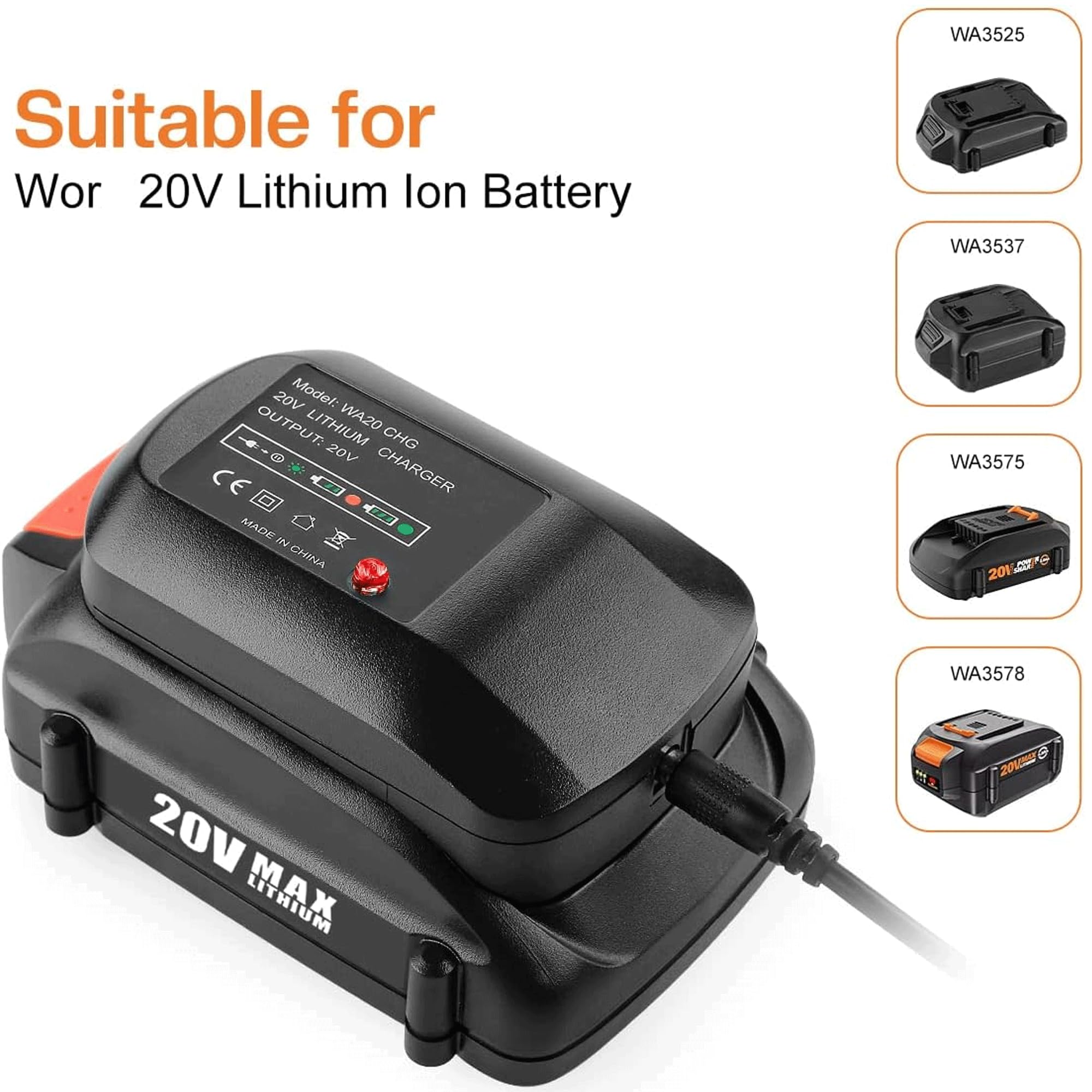 20Volt Replace for Worx 20V Battery and Charger Kit, Compatible with Works 20Volt WA3520 WA3525 WA3575 WG151s WG251s WG540s WG545s WG890 WG891, with Worx 20V Battery Charger