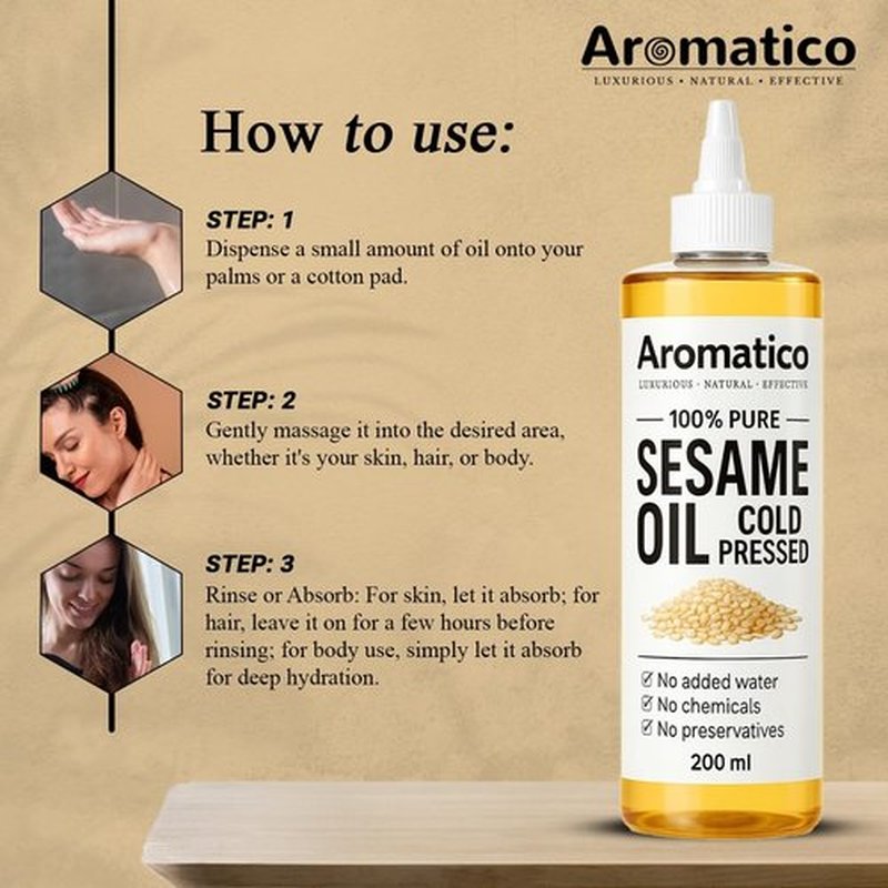 Aromatico 100% Pure Cold Pressed Sesame Oil for Skin, Hair & Massage – Lightweight, Non-Greasy Daily Care Oil, No Added Chemicals or Preservatives - 7 Fl Oz
