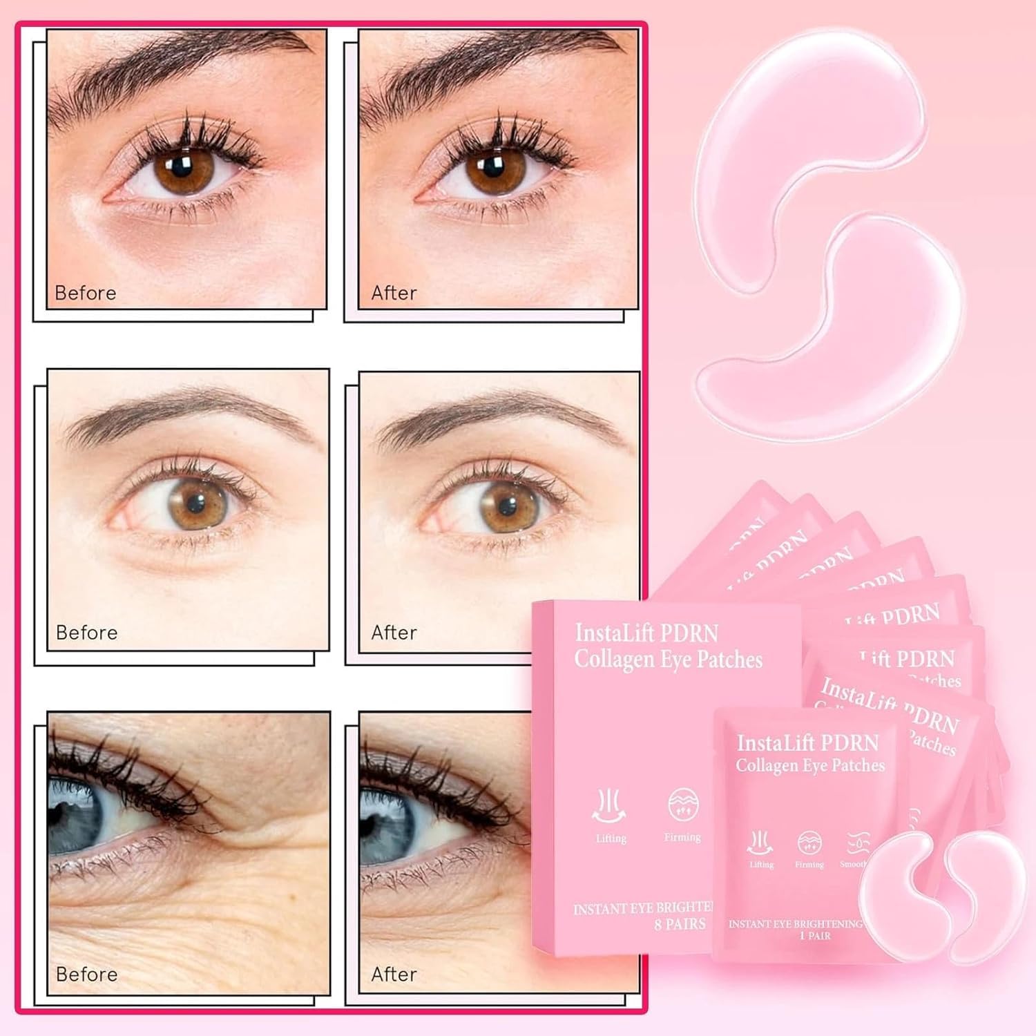 Serene Eye Patches, Instalift PDRN Eyes Patches & Collagen Eye Patches for Puffy Eyes, Hydrolyzed Collagen, Dark Circles, Hydrating Anti-Wrinkle Under Eyes Patches with Hyaluronic Acid (1Pcs 8 pairs）