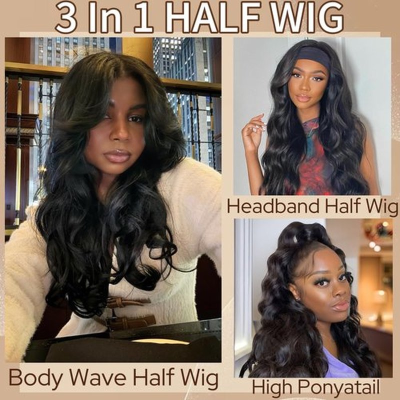 Body Wave Half Wig Human Hair 200% Density 3 In 1 Seamless Flip Over Glueless Wigs with Drawstring Beginner Friendly Headband Wig for Black Women Daily Wear 18inch
