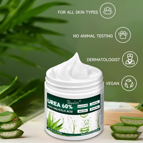 Danliss Urea Cream 60% with 2% Salicylic Acid – Unscented 60 Percent Urea Maximum Strength for Dry, Cracked Heels, Hands, Knees, and Elbows. Dead Skin Remover & Callus Repair Treatment 6.35 oz