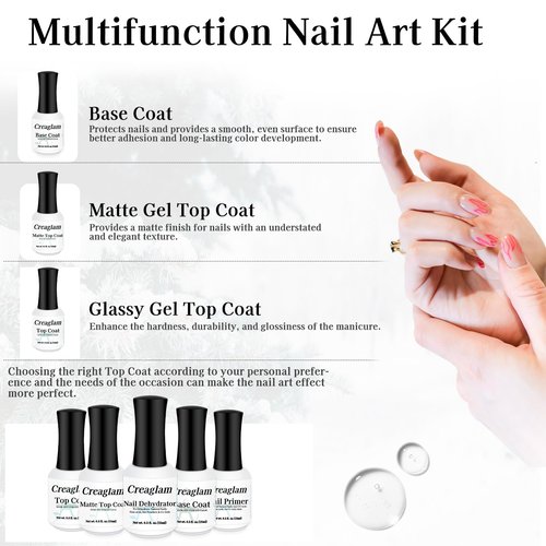 Creaglam 5-Piece Gel Nail Prep Kit - 15ml Nail Dehydrator, Primer, Base Coat, Glossy & Matte Top Coat Set - Long Lasting, Quick Drying, Acid-Free for Professional Acrylic & Gel Nail Art