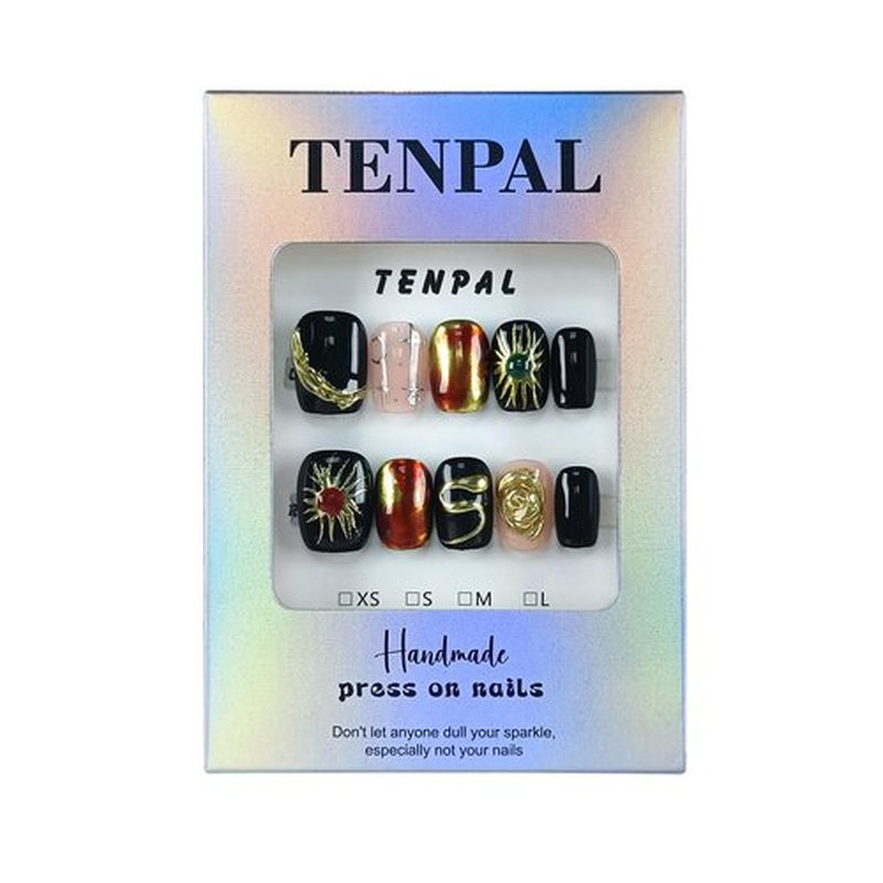 TENPAL Gothic Press on Nails Short Square,Glossy Black Space Theme Fake Nails with 3D Serpent & Planets, Acrylic Glossy Handmade Winter False Nails with 10pcs,Dark Celestial Glue on Nail Art(L)