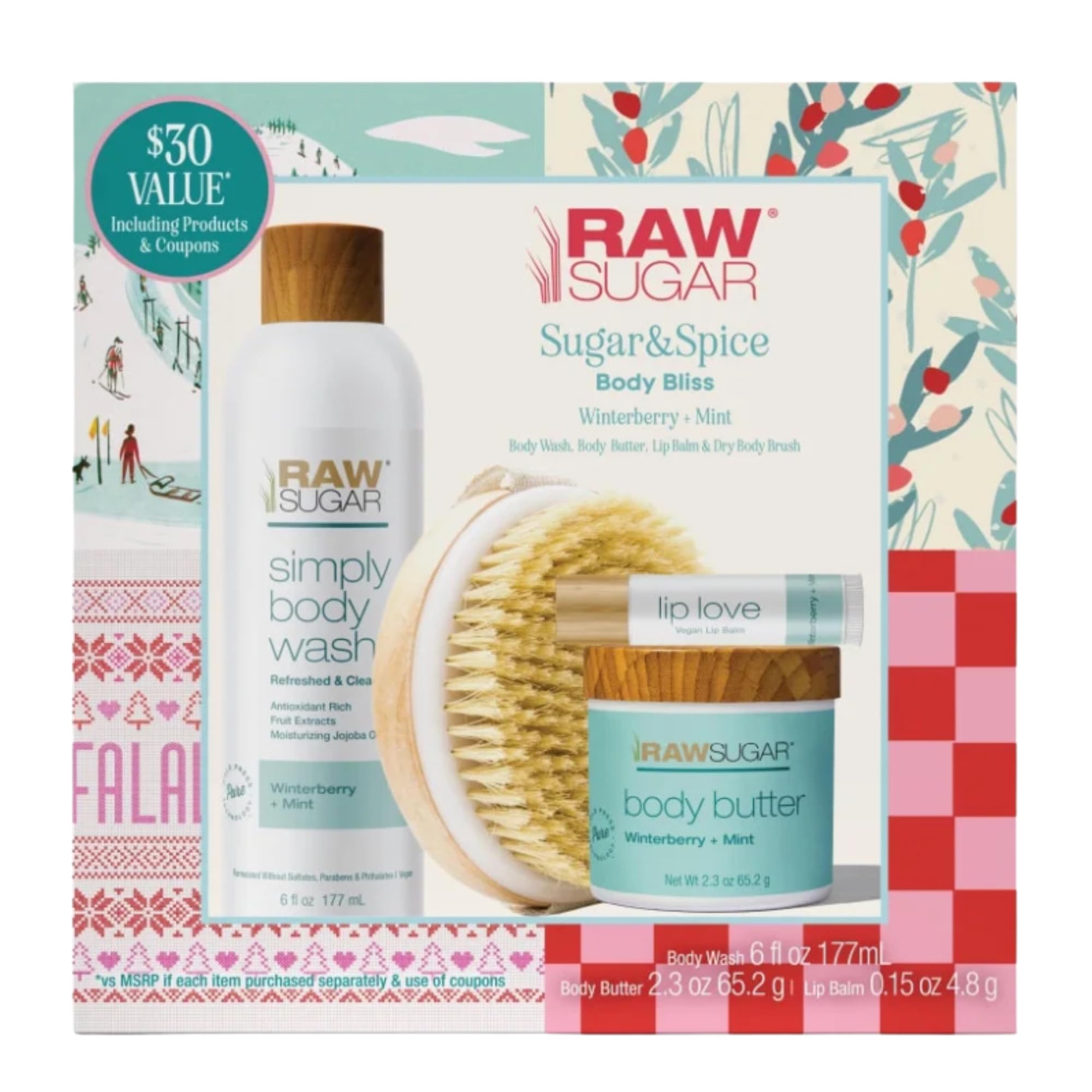 Raw Sugar Body Bliss Gift Set, Winterberry + Mint, Body Wash 6 fl oz, Body Butter 2.3 oz, Lip Balm and Body Brush