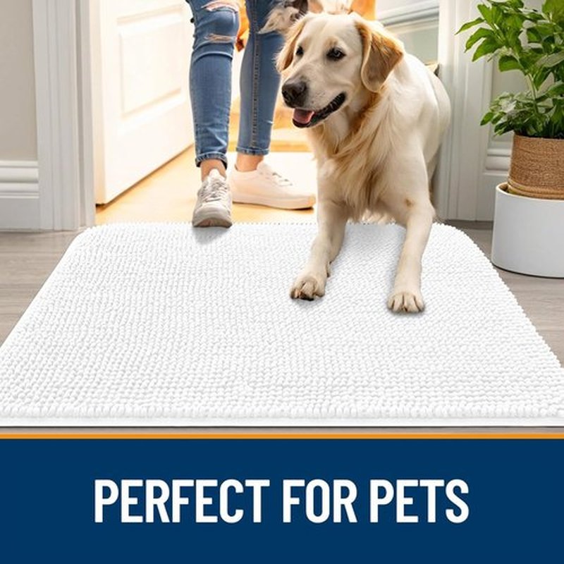 OLANLY Dog Door Mat - Absorbent Non-Slip Chenille Mat for Muddy Paws | 59x35, Quick Dry, White