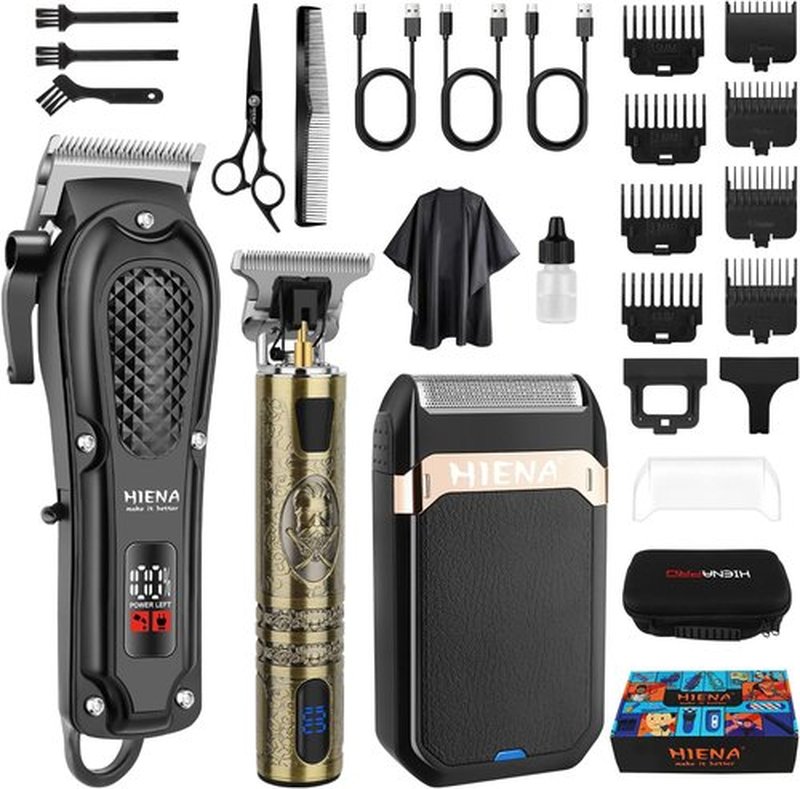 HIENA PRO Professional Hair Clippers - Cordless 3-in-1 Hair Cutting Kit with LED Display & Foil Shaver | USB-C Rechargeable