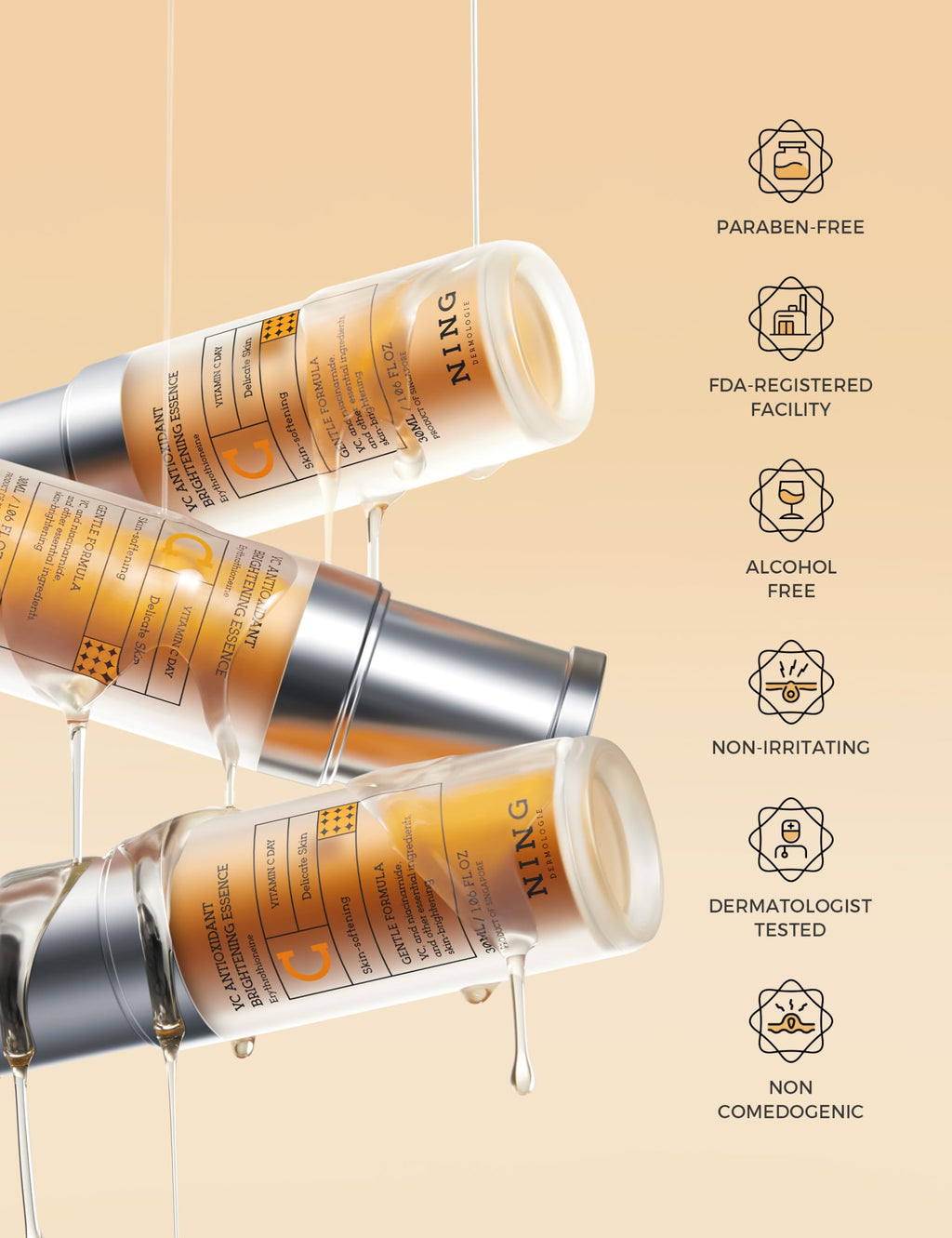 NING DERMOLOGIE Vitamin C Serum with Niacinamide & Ethyl Ascorbic Acid: Brightening, Moisturizing Face Serum for Dark Spots | Hyperpigmentation & Anti-Aging Treatment | Korean Synergy Formula 1.01oz