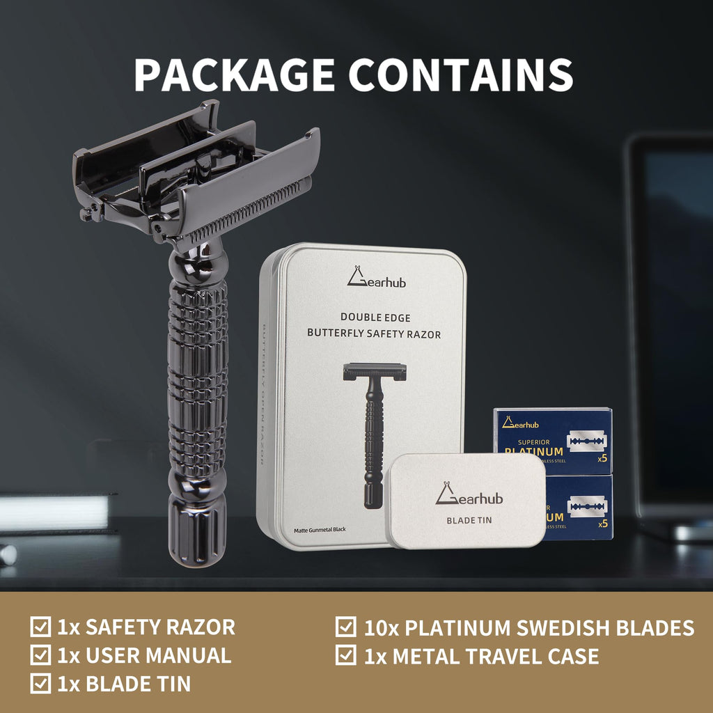 Gearhub Butterfly Double Edge Safety Razor Reusable Stainless Metal Wet Shaving Razor with 10 Swedish Platinum Blades for Men Women Barber Bikini Armpit Hair, Matte Black GR179