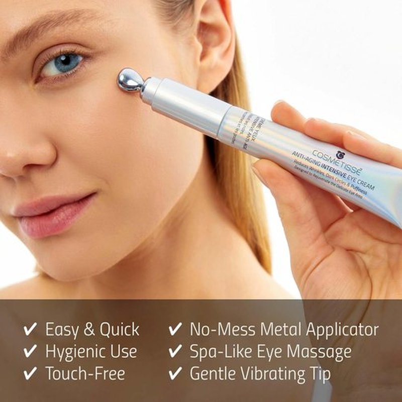 Cosmetisse Intensive Eye Cream - Vibrating Metal Applicator, Reduces Dark Circles & Puffiness | 0.68oz/20ml