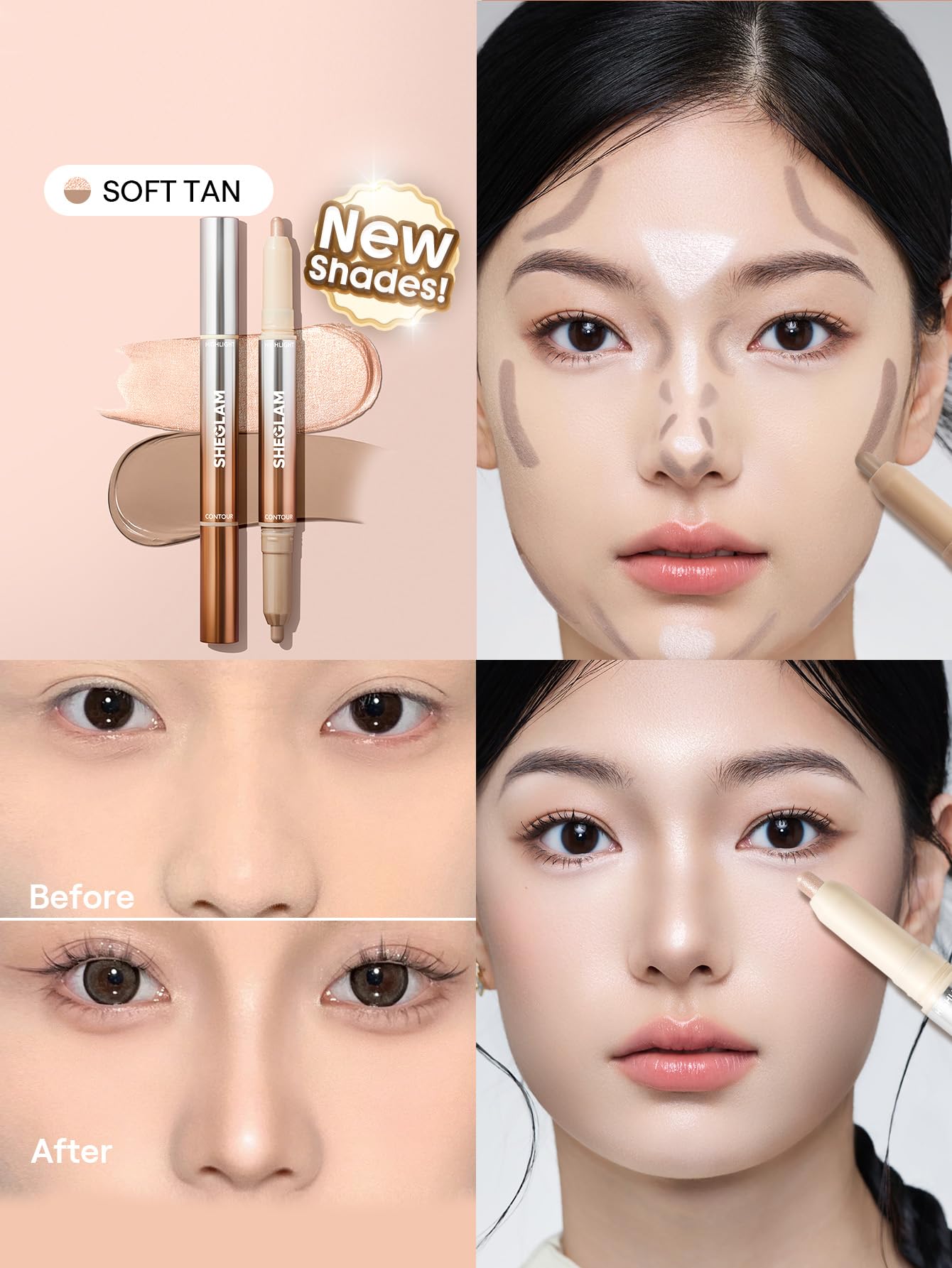 SHEGLAM Fine Line 2-In-1 Nose Contour & Highlight Pen Long Lasting Waterproof Cream Bronzer & Highlight Sticks