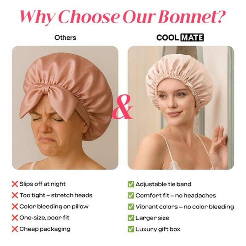 CoolMate Adjustable Satin Silk Bonnet for Sleeping Women, Tie Double Lined Silk Bonnet for Women Long Hair (Light Pink & Beige)