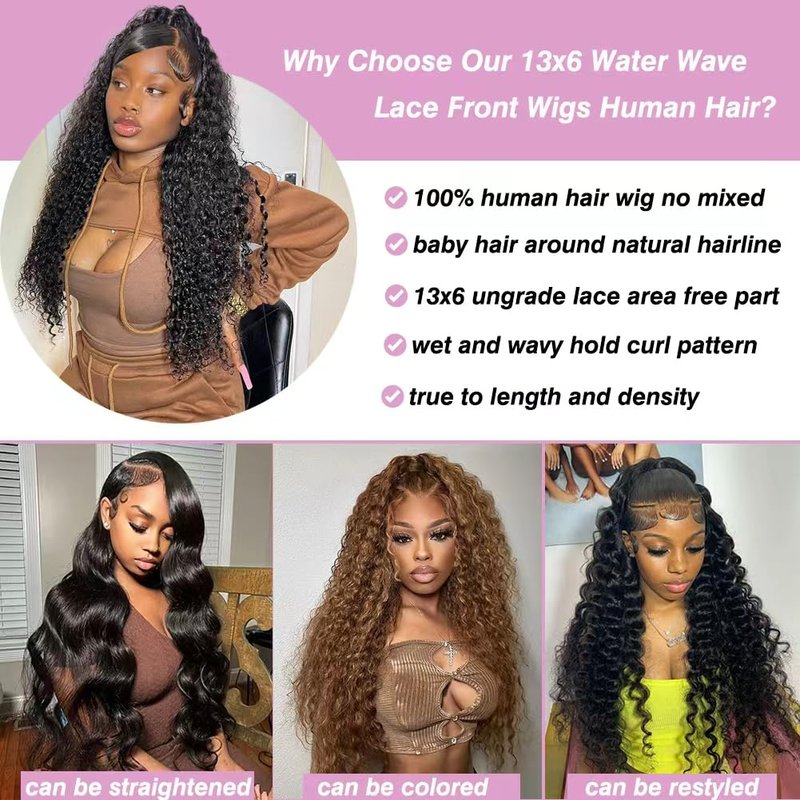 Washasha 22 Inch Water Wave HD Lace Front Wigs Human Hair Pre Plucked 13x6 Lace Frontal Wigs Human Hair 200 Density Deep Part Curly Wig for Women