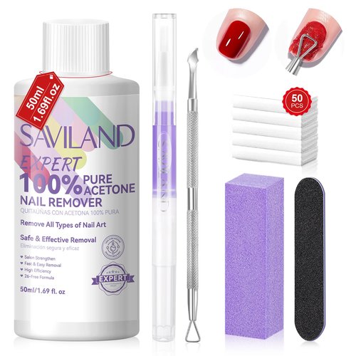SAVILAND Nail Polish Remover Kit: 50 ML Acetone Nail Polish Remover Non-Drying Expert Gel Remover with Cuticle Oil & Tools Quick Removal for Nails Polish Acrylic Dip Powder DIY Salon