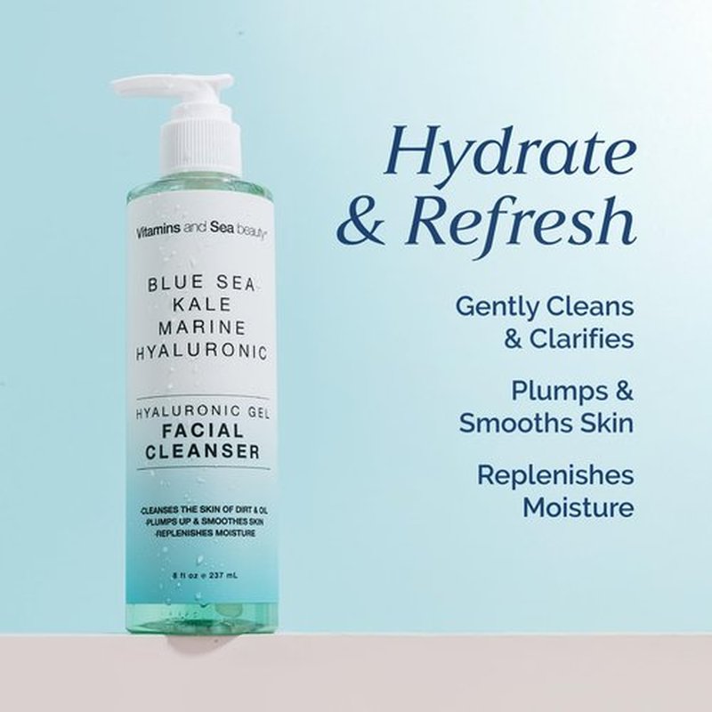 Hyaluronic Gel Facial Cleanser with Blue Sea Kale & Marine Hyaluronic – Hydration, Clarifying, Smoothing Replenishment – Vegan, Paraben-Free, 8 fl oz