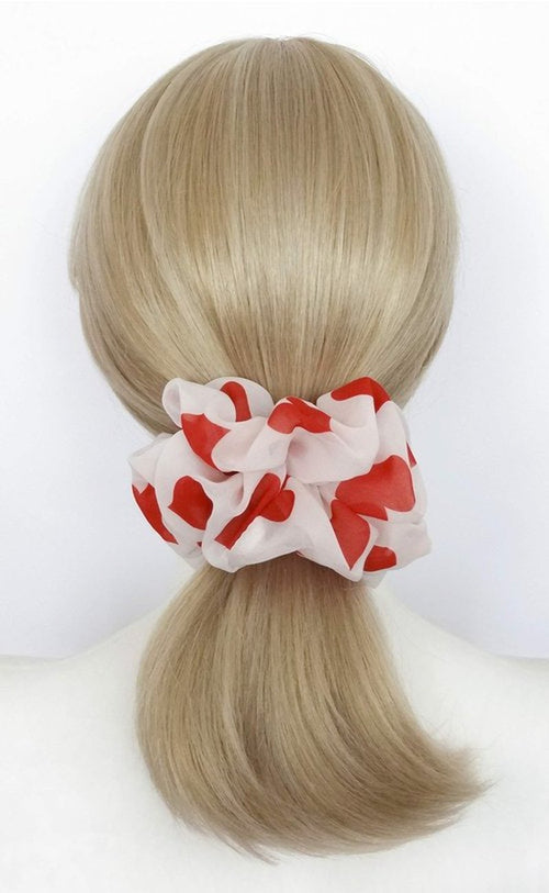 26 Colors Available, Colorful Big Scrunchies for Hair, Soft Chiffon Ponytail Holder, Cute Birthday Gift for Women Girl Teen, Holiday Accessory (Red Hearts)