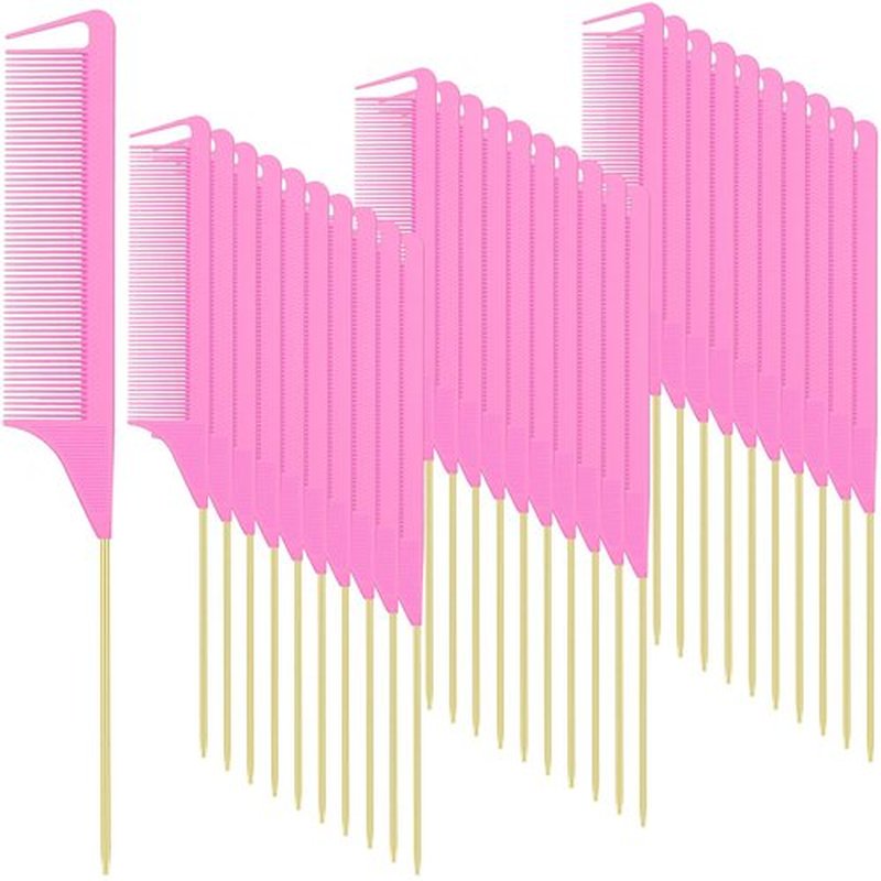 Patelai 30 Pcs Rat Tail Combs Bulk Steel Pin Rat Tail Carbon Fiber Heat Resistant Teasing Combs Fine Tooth Pintail Braiding Hair Tools for Stylists Salon Sectioning Detangling(Pink and Gold)