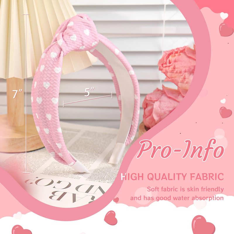 YanJie Valentine Headband Knotted Womens Wide Headbands Red Heart Hair Accessories for Girls Fashion Headband Non Slip for Valentine Party Gifts Pink
