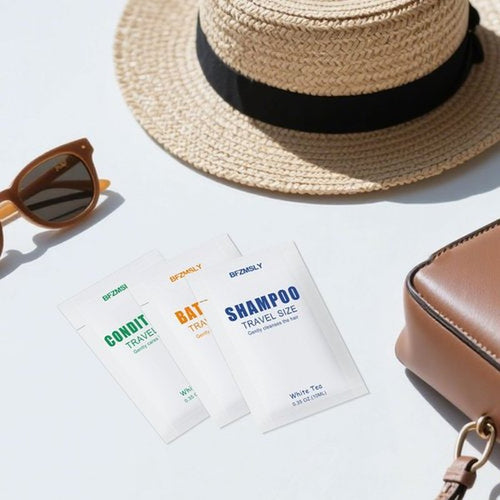 20 Set Travel Size Toiletries Set, Shampoo, Body Wash, Conditioner (0.35oz Each, 3-in-1 Toiletry Kits, White Tea Scent) – Bulk Hotel Amenities for Guests, Airbnb, Motels, Vacation Rentals