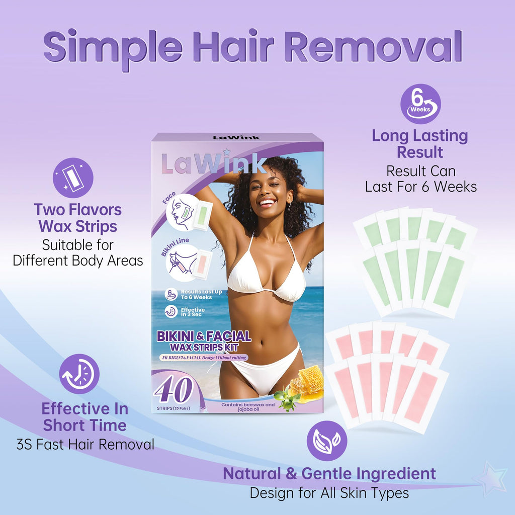 LAWINK Wax Strips for Hair Removal, 40Pcs Facial Hair Removal for Women Bikini Waxing Strips Kit with 4 Calming Oil Wipes, Body Waxing Kit for Face, Bikini, Chest, Body, Arms, Legs, Back, & Brazilian